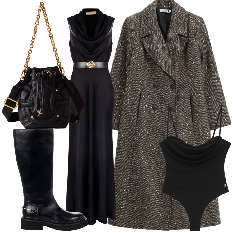 Outfit donna - Serata fredda e cappotto luccicante. Stile Glamour per Serata fuori. Abbinamento con cappotti, body, borse a secchiello, vestiti lunghi, stivali sopra il ginocchio.