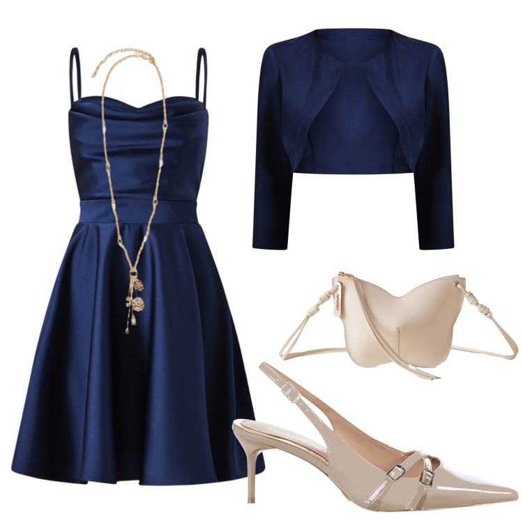 Outfit donna - Party time. Stile Chic per Cerimonia. Abbinamento con borse a tracolla, décolleté, vestiti corti, bolero, ciondoli.