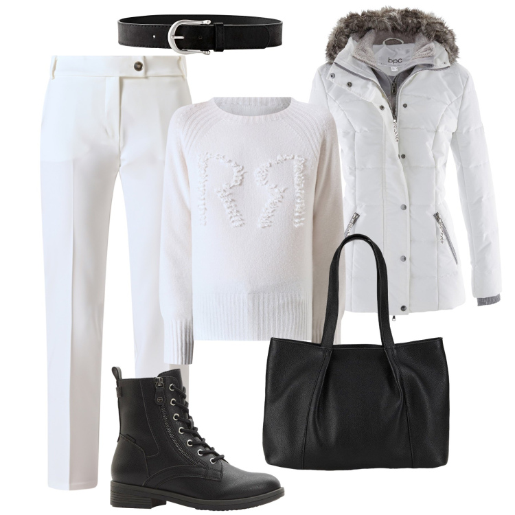 Outfit donna - Autunno black & white. Stile Sporty chic per Tutti i giorni. Abbinamento con piumini, cinture, shopping bag, stivaletti, pantaloni, maglieria.