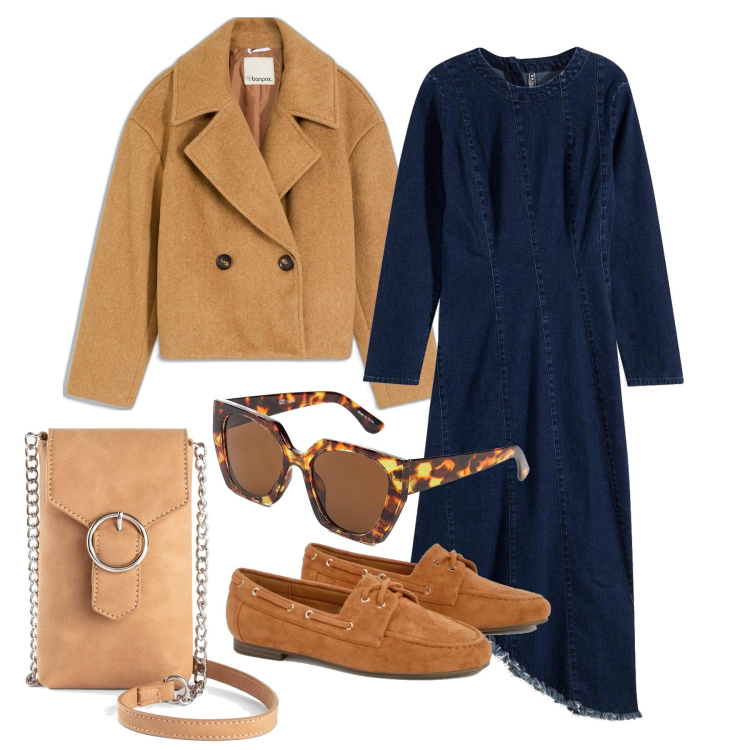 Outfit femme - Octobre. Style Casual chic pour Tous les jours. Assortir avec pochette, robes asymétriques, lunettes de soleil, blazers, mocassins.