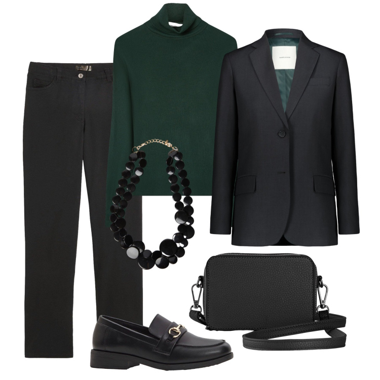 Outfit donna - Men’s style. Stile Mannish per Ufficio. Abbinamento con pantaloni, borse a tracolla, mocassini, maglieria, blazer, collane.