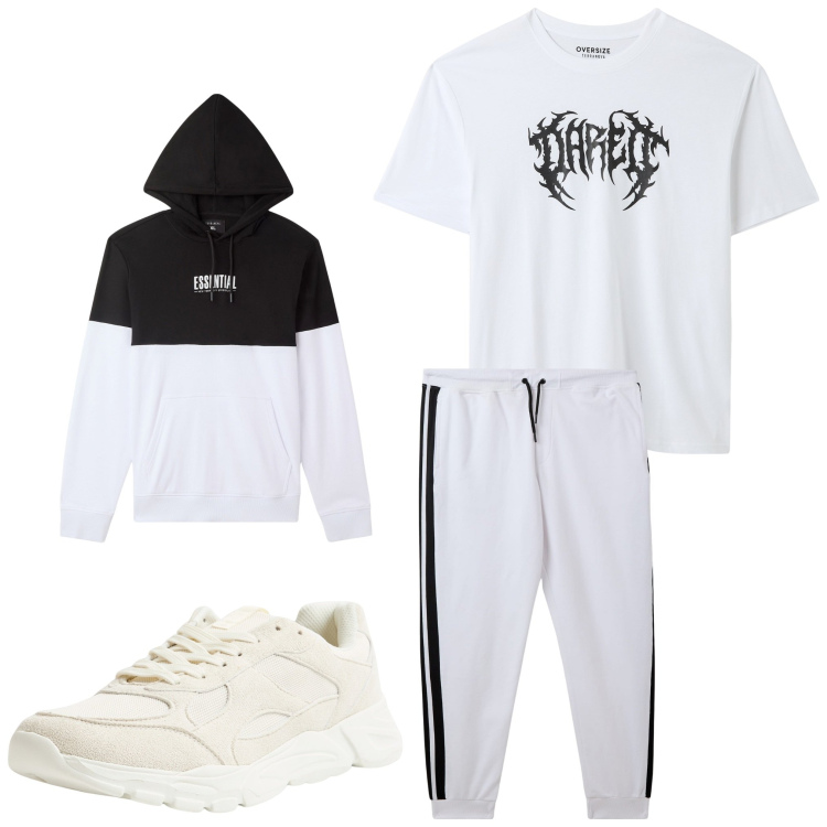 Outfit uomo - Bianco sport. Stile Casual per Sport. Abbinamento con sneakers, t-shirt, pantaloni, felpe con cappuccio.