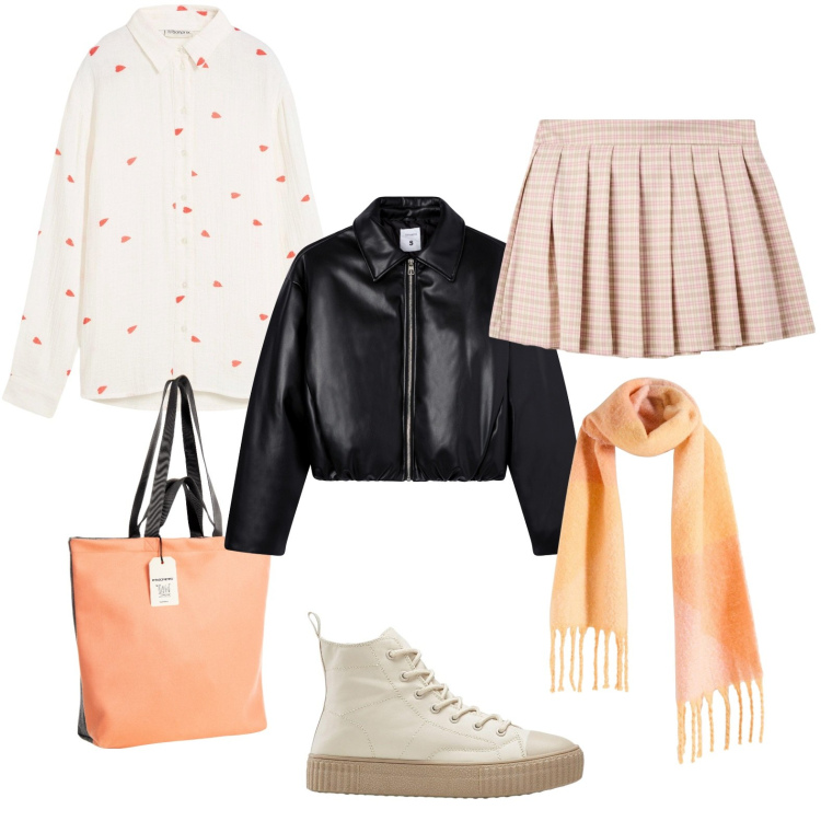 Outfit donna - Autunno 2025_02. Stile Urban per Scuola/Università. Abbinamento con camicie, sneakers alte, sciarpe, minigonne, giacche, borse tote.