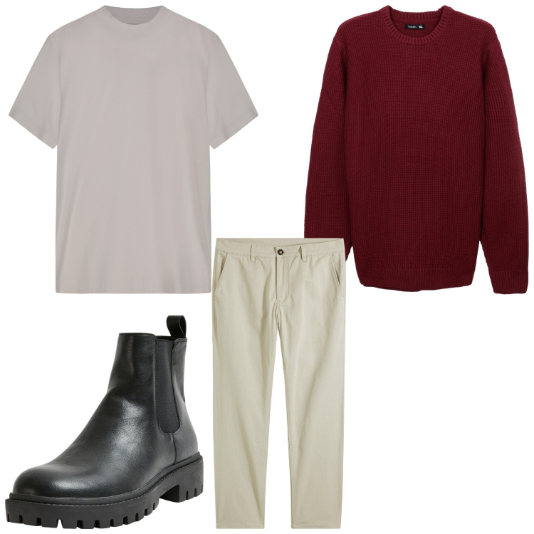 Outfit uomo - Ottobre. Stile Casual per Tutti i giorni. Abbinamento con pantaloni chino, stivali e stivaletti, maglieria, t-shirt.