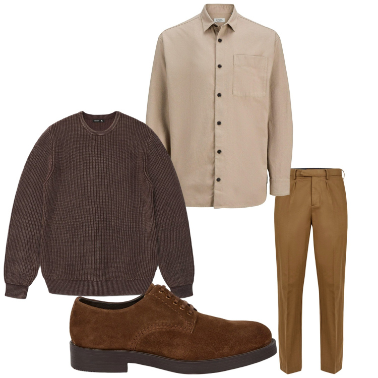 Outfit uomo - Marrone. Stile Casual per Tutti i giorni. Abbinamento con camicie, maglieria, scarpe stringate, pantaloni.