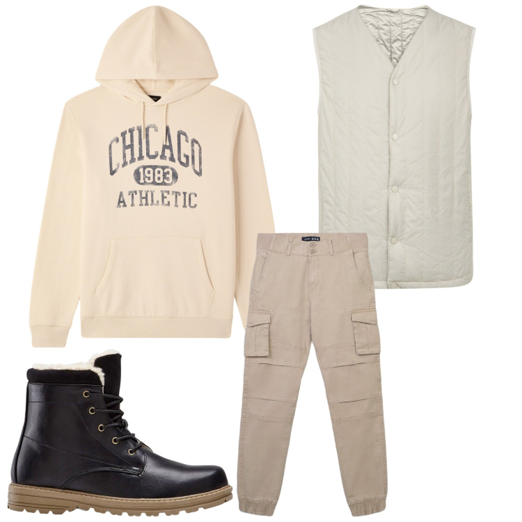 Outfit uomo - Cargo. Stile Casual per Tutti i giorni. Abbinamento con stivali e stivaletti, pantaloni cargo, felpe con cappuccio, piumini.