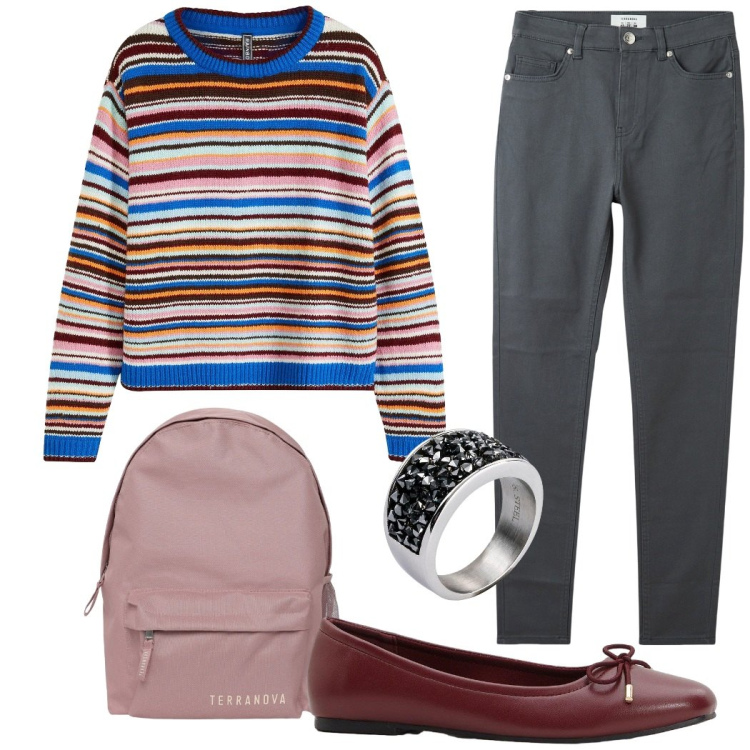 Outfit donna - A lezione. Stile Casual per Scuola/Università. Abbinamento con anelli, maglieria, ballerine, pantaloni skinny, zaini.