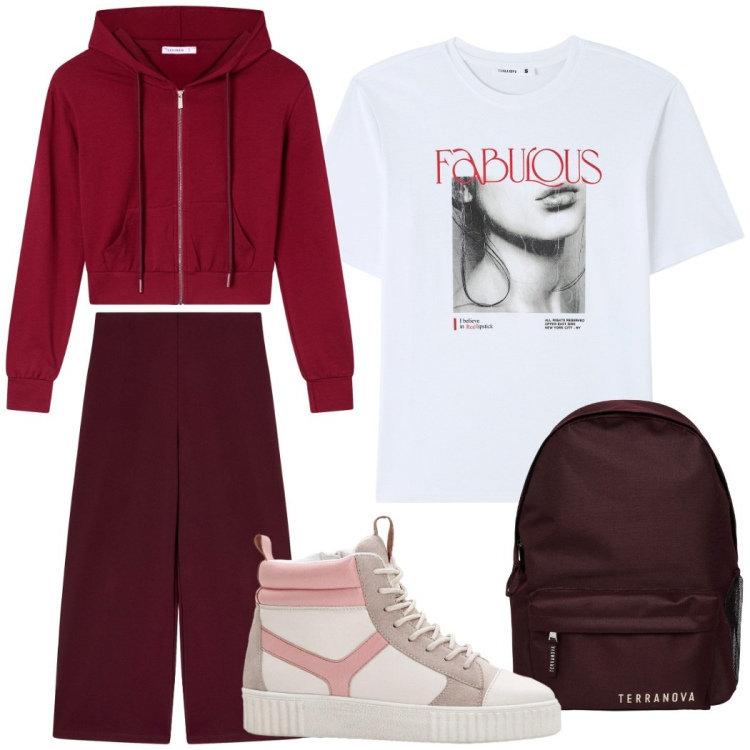 Outfit donna - Total look #2275179. Stile Casual per Scuola/Università. Abbinamento con sneakers alte, t-shirt, zaini, pantaloni culotte, felpe con cappuccio.