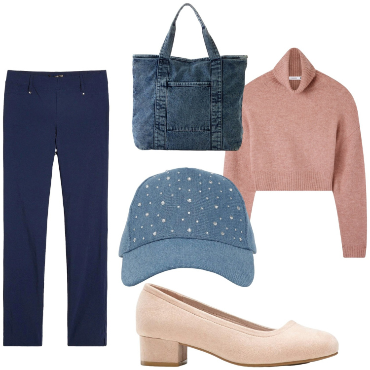Outfit donna - Jeans negli accessori. Stile Casual per Tutti i giorni. Abbinamento con décolleté, shopping bag, pantaloni, cappelli, maglieria.