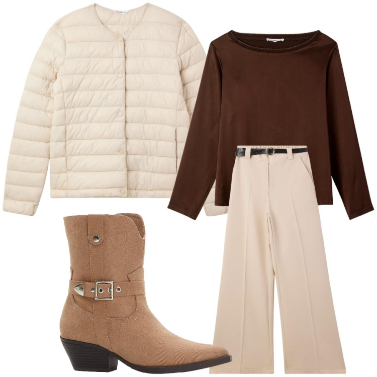 Outfit donna - Total look #2275181. Stile Casual per Ufficio. Abbinamento con stivaletti texani, piumini, pantaloni, bluse.