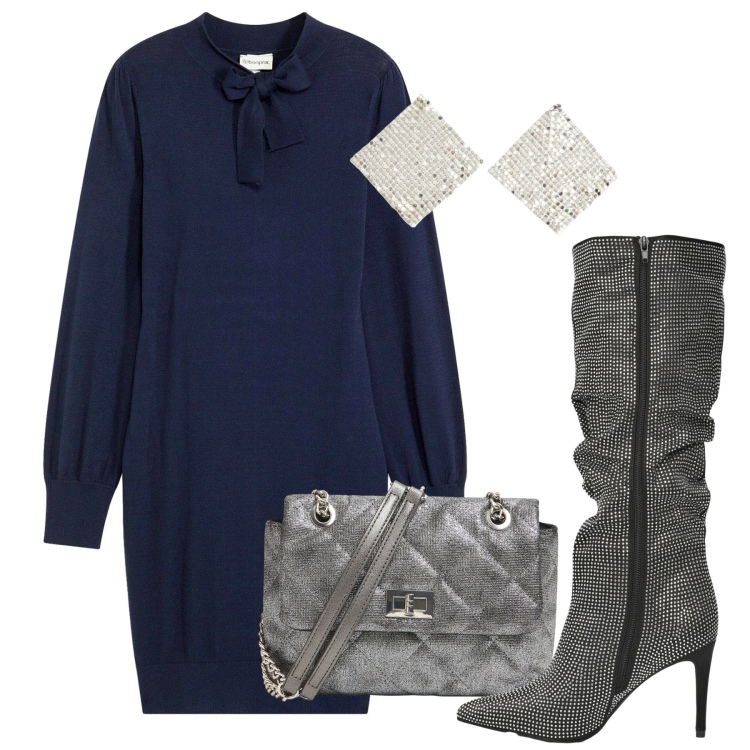 Outfit donna - Maglina e paillettes. Stile Chic per Serata fuori. Abbinamento con vestiti, orecchini, stivali, borse a tracolla.