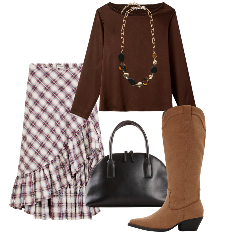 Outfit donna - Oggi così. Stile Romantica per Tutti i giorni. Abbinamento con shopping bag, stivali, gonne, bluse, collane.