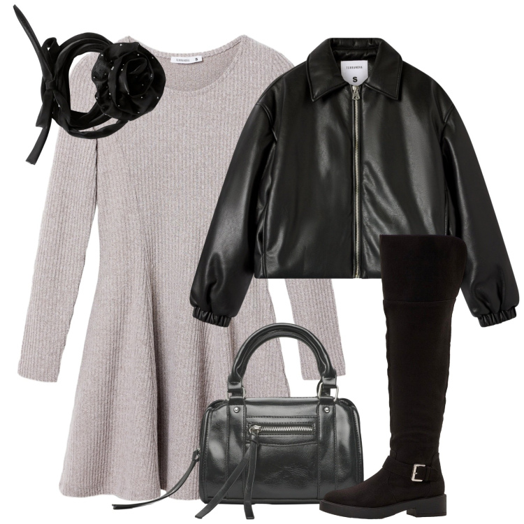 Outfit donna - Black and grey. Stile Bon Ton per Tutti i giorni. Abbinamento con stivali sopra il ginocchio, collane, borse a mano, bomber, vestiti corti.