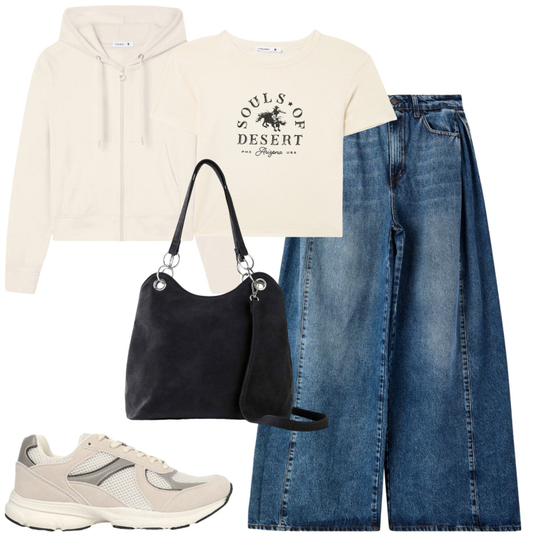 Outfit donna - Super wideleg. Stile Casual per Tutti i giorni. Abbinamento con borse a mano, felpe con cappuccio, t-shirt, sneakers, jeans.