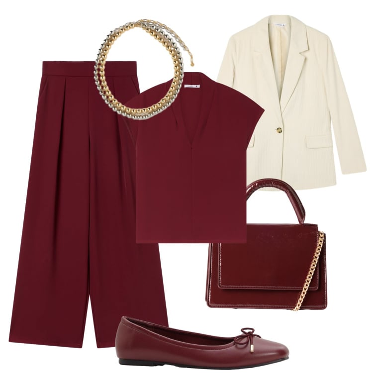 Outfit donna - Vinaccia twist avorio. Stile Glamour per Ufficio. Abbinamento con ballerine, pantaloni, bluse, borse a tracolla, blazer, collane.