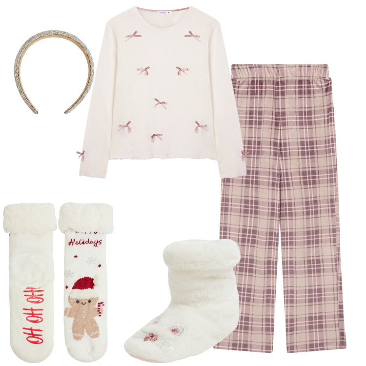 Outfit donna - Vacanze di natale. Stile Casual per Tutti i giorni. Abbinamento con cerchietti, pantofole, pigiama, pigiama, calzini.