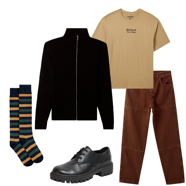 Outfit uomo - Total look #2275213. Stile Casual per Tutti i giorni. Abbinamento con t-shirt, scarpe stringate, pantaloni, cardigans, calzini.