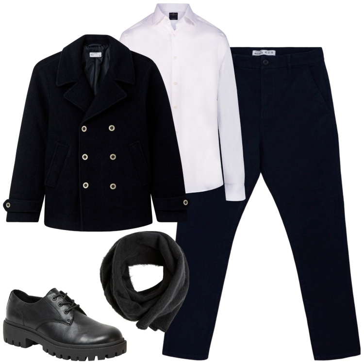 Outfit uomo - Ottobre. Stile Urban per Tutti i giorni. Abbinamento con sciarpe e foulard, scarpe stringate, cappotti, pantaloni chino, camicie.