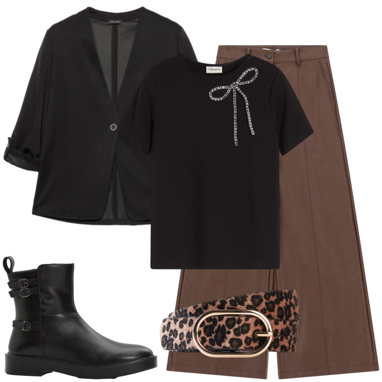 Outfit donna - Un tocco di leopardato. Stile Glamour per Tutti i giorni. Abbinamento con cinture, stivaletti, t-shirt, pantaloni a palazzo, blazer.