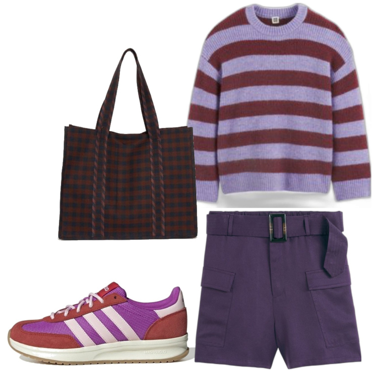 Outfit mujer - Trendy look. Estilo Trendy para Todos los días. Combinación con shorts, prendas de punto, sneakers, bolso tote.