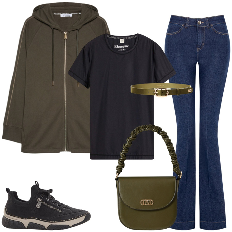 Outfit donna - Sportive per una passegiata. Stile Casual per Tutti i giorni. Abbinamento con sneakers, t-shirt sportive, cinture, jeans a zampa, borse a mano, felpe con cappuccio.