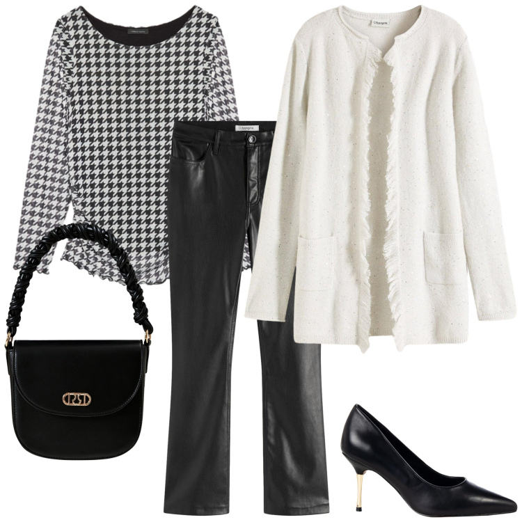 Outfit donna - Pantaloni ecopelle. Stile Casual chic per Serata fuori. Abbinamento con cardigans, pantaloni, décolleté, borse a mano, bluse.