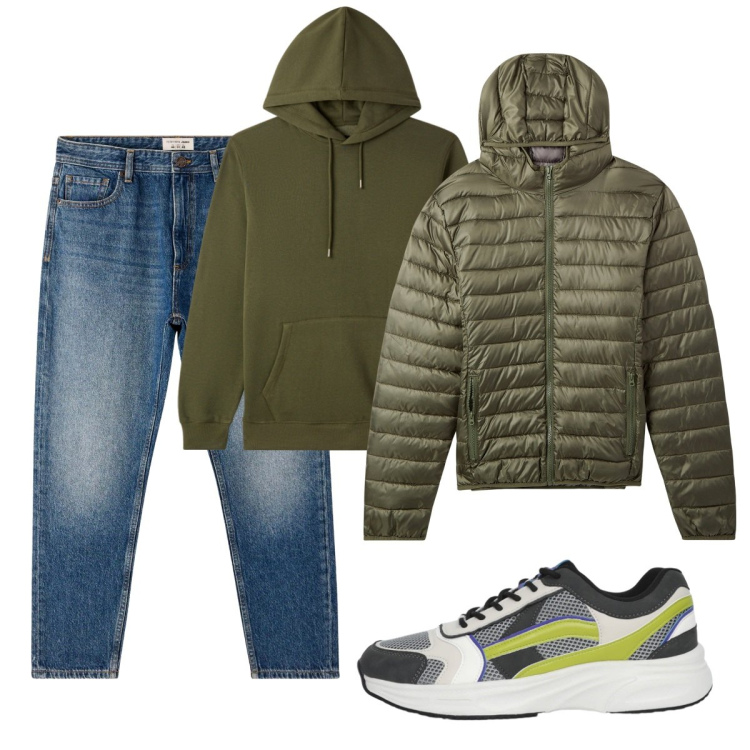 Outfit uomo - Total look #2275230. Stile Casual per Tutti i giorni. Abbinamento con piumini, jeans, felpe con cappuccio, sneakers.