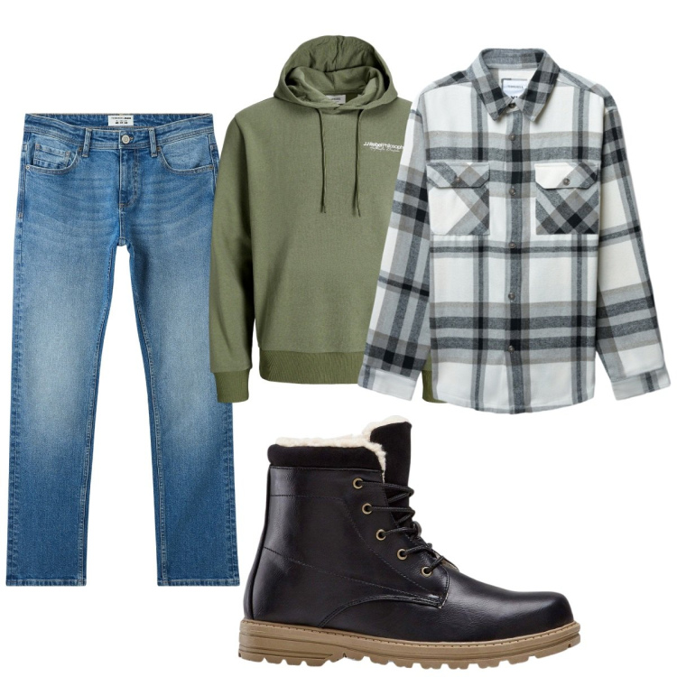 Outfit uomo - Total look #2275235. Stile Casual per Tutti i giorni. Abbinamento con stivali e stivaletti, felpe con cappuccio, jeans, cappotti.