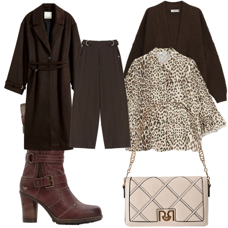 Outfit donna - Autunno cioccolatoso. Stile Casual chic per Tutti i giorni. Abbinamento con stivali, cappotti, borse a tracolla, pantaloni a palazzo, camicie, cardigans.