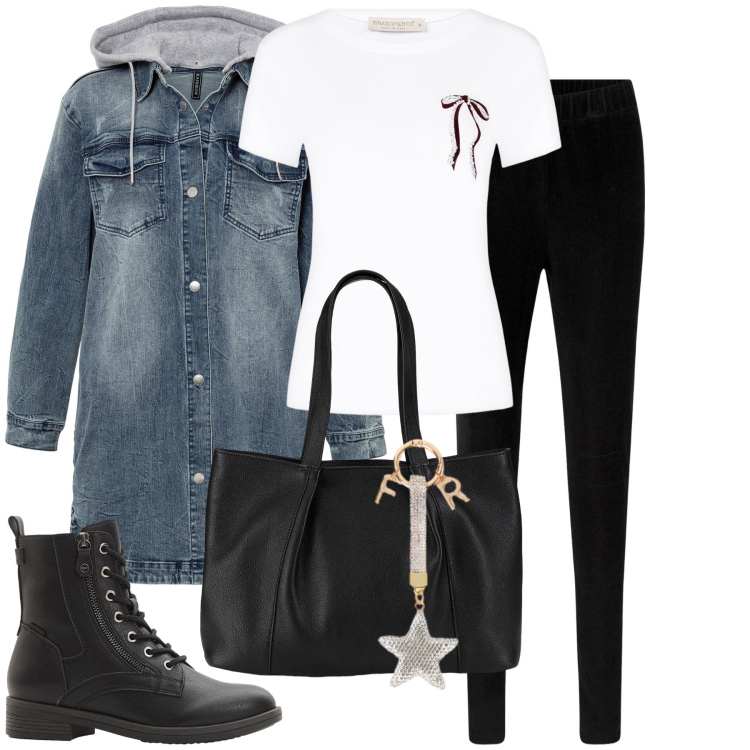 Outfit donna - Passione leggings. Stile Urban per Tutti i giorni. Abbinamento con leggings, blazer, shopping bag, stivaletti, t-shirt, portachiavi.