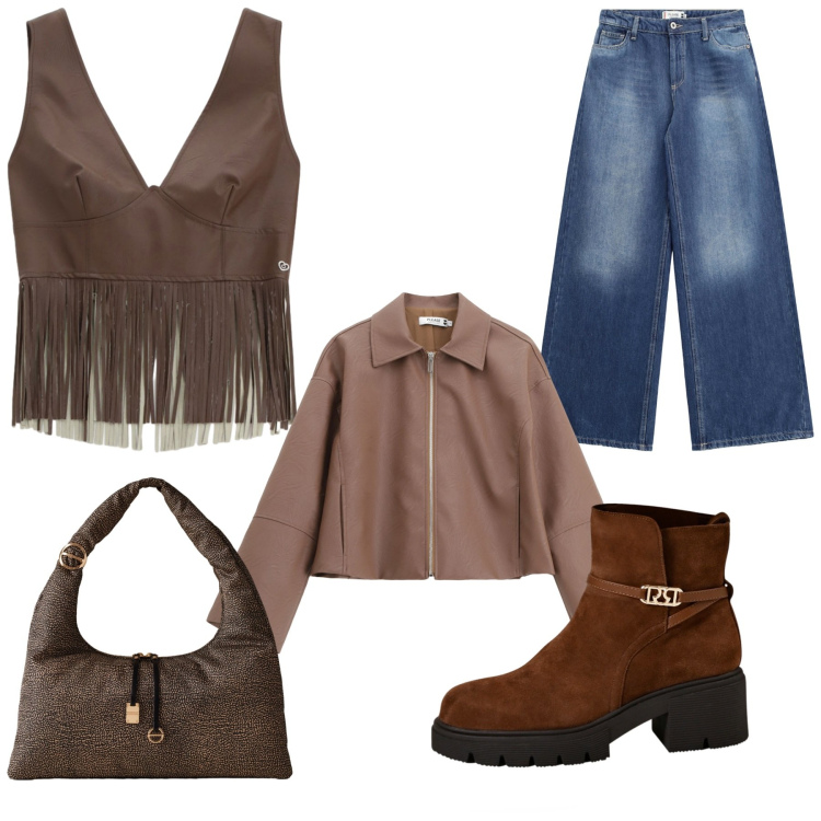 Outfit donna - Aperitivo. Stile Casual per Tutti i giorni. Abbinamento con stivaletti, jeans, blazer, top, borse a spalla.