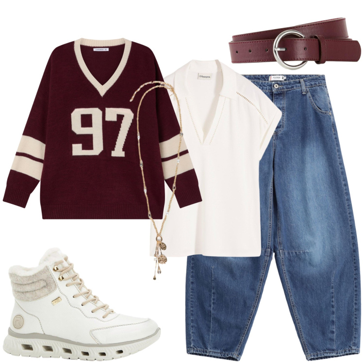 Outfit donna - Sportivissime. Stile Trendy per Tutti i giorni. Abbinamento con cinture, stivaletti, polo, t-shirt sportive, jeans, ciondoli.