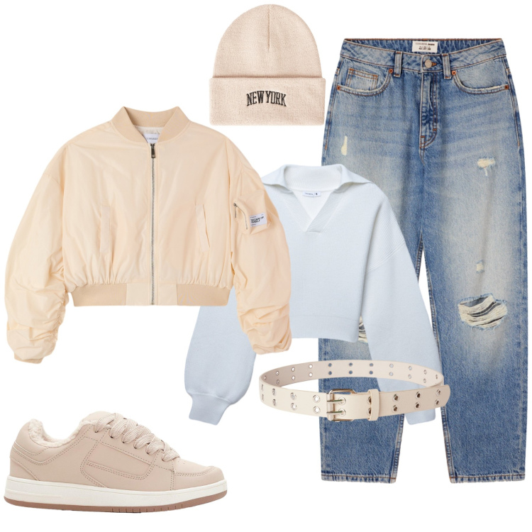 Outfit donna - Di cipria e d\'azzurro. Stile Urban per Tutti i giorni. Abbinamento con sneakers, cinture, jeans mom, maglieria, bomber, berretti.
