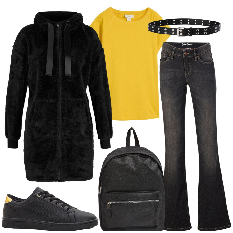 Outfit donna - Il tocco di giallo. Stile Trendy per Tutti i giorni. Abbinamento con sneakers, jeans bootcut, blazer, t-shirt, zaini, cinture.