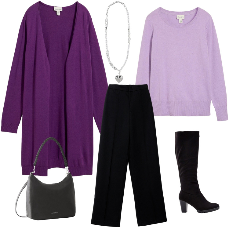 Outfit donna - Cardigan in viola. Stile Minimal per Ufficio. Abbinamento con maglieria, cardigans, stivali, borse a mano, pantaloni, collane.