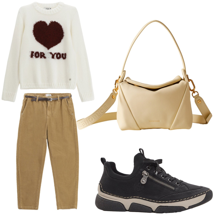 Outfit donna - Aperitivo. Stile Trendy per Tutti i giorni. Abbinamento con sneakers, pullovers, pantaloni chino, borse a spalla.