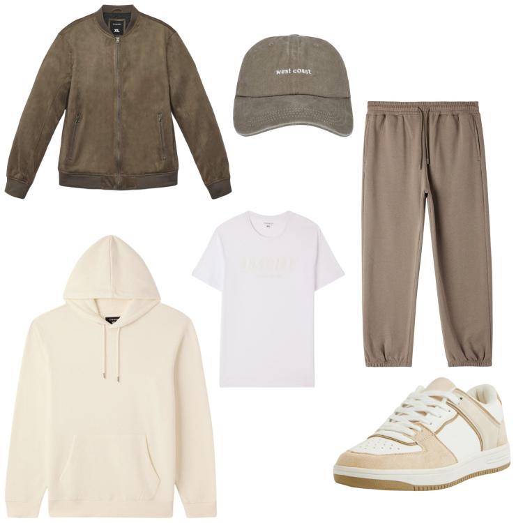 Outfit uomo - Tempo libero. Stile Casual per Tutti i giorni. Abbinamento con sneakers, cappelli con visiera, giacche, pantaloni, felpe con cappuccio, t-shirt.