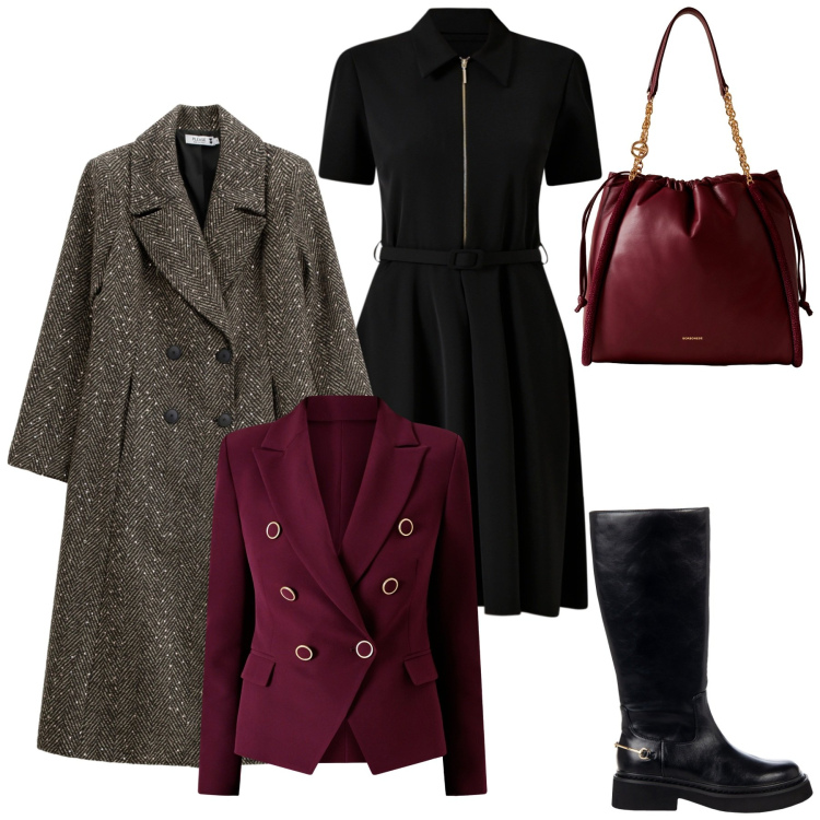 Outfit donna - In ufficio. Stile Glamour per Tutti i giorni. Abbinamento con cappotti, shopping bag, blazer, vestiti corti, stivali sopra il ginocchio.