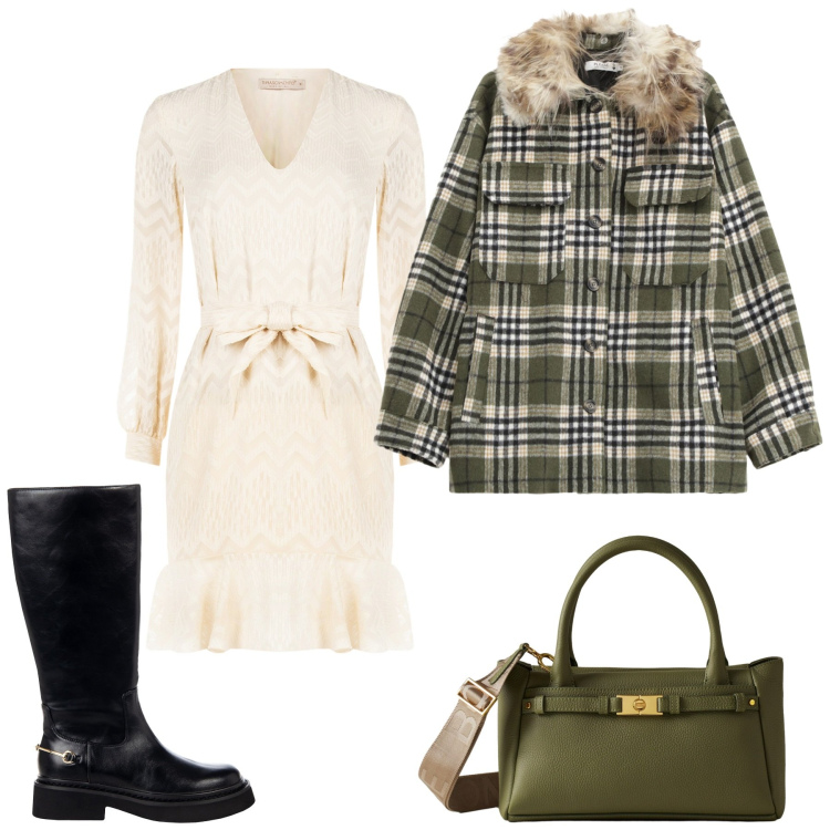 Outfit donna - Incontro a colazione. Stile Casual per Tutti i giorni. Abbinamento con vestiti corti, stivali sopra il ginocchio, cappotti, borse a mano.