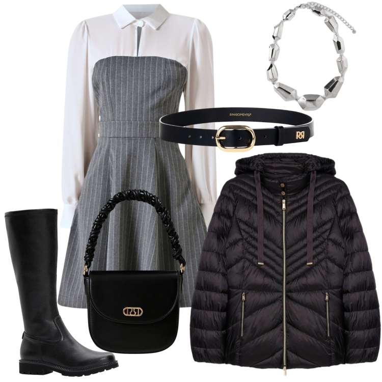 Outfit donna - Esame Universitario. Stile Romantica per Scuola/Università. Abbinamento con stivali, cinture, vestiti corti, borse a mano, ciondoli, piumini.