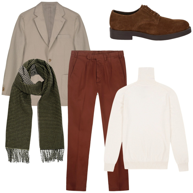 Outfit uomo - L’accessorio che fa la differenza. Stile Casual per Tutti i giorni. Abbinamento con scarpe stringate, giacche, pantaloni, maglieria, sciarpe.