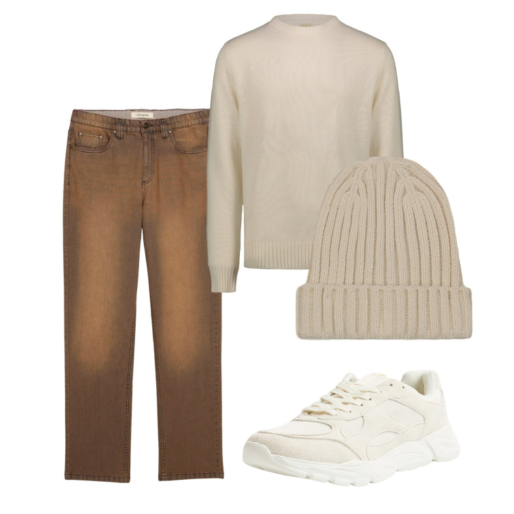 Outfit uomo - Latte e caramello. Stile Casual per Tutti i giorni. Abbinamento con jeans, sneakers, maglieria, berretti.