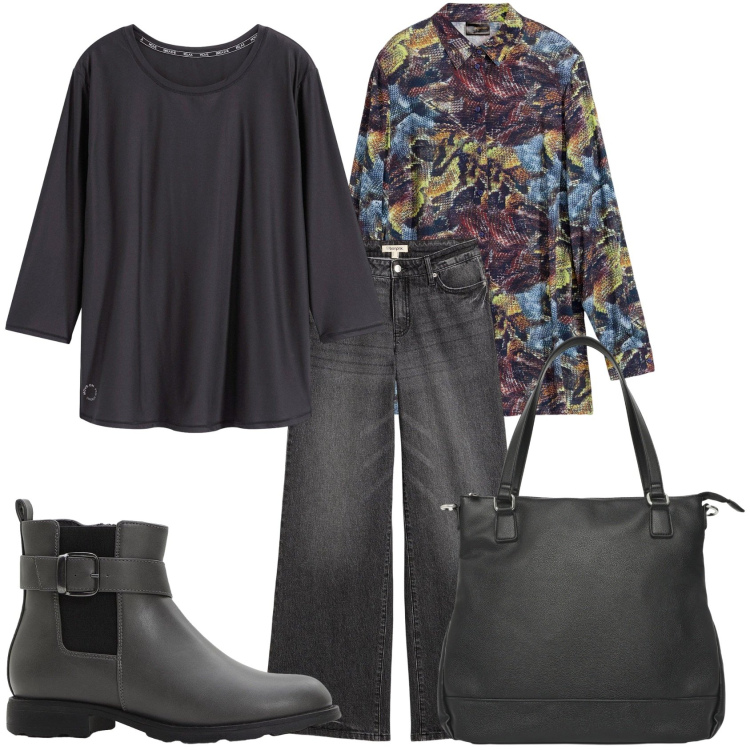 Outfit donna - Antracite a novembre. Stile Casual per Tutti i giorni. Abbinamento con camicie, maglieria, jeans, stivaletti chelsea, shopping bag.