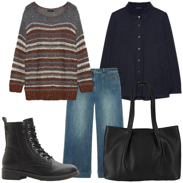 Outfit donna - Il grigio invernale. Stile Casual per Tutti i giorni. Abbinamento con shopping bag, stivaletti, jeans, maglieria, camicie.