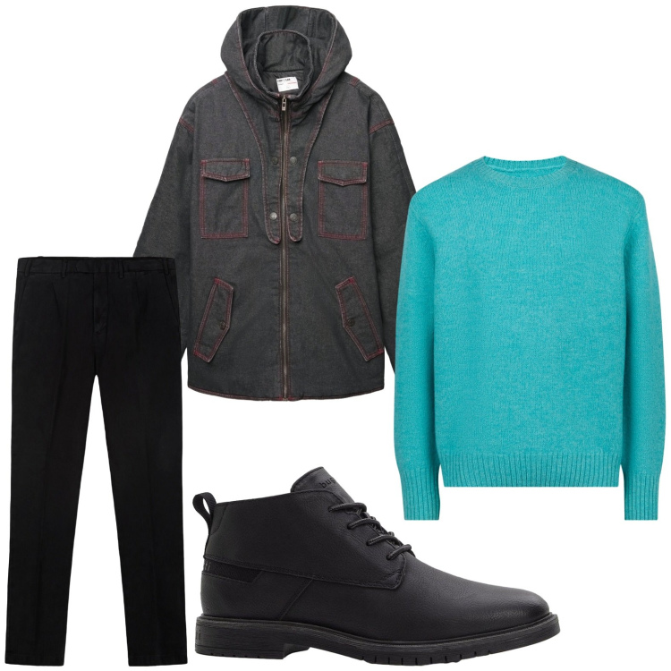 Outfit uomo - Effetto ordinato. Stile Casual per Tutti i giorni. Abbinamento con stivali e stivaletti, giacche, pantaloni, maglieria.