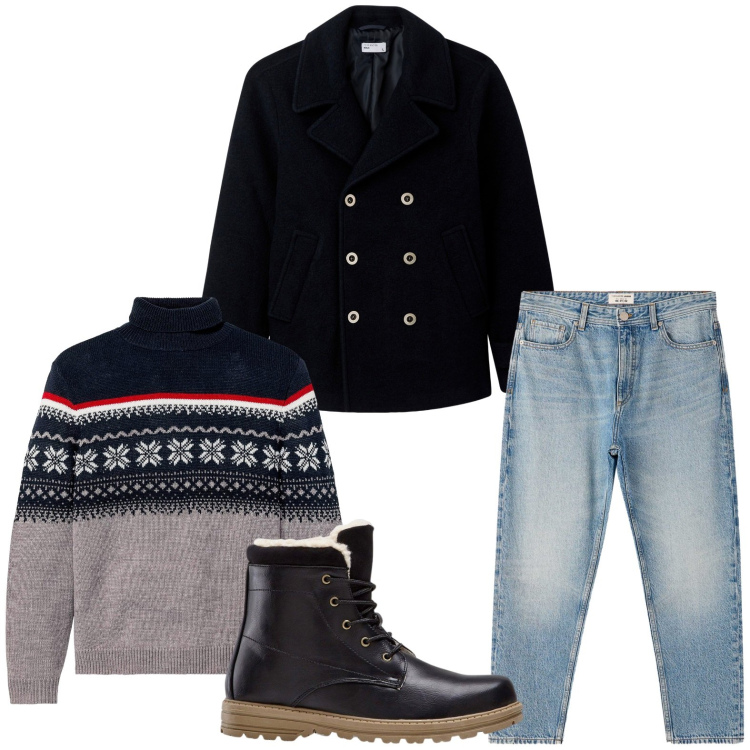 Outfit uomo - Weekend urbano. Stile Casual per Tutti i giorni. Abbinamento con maglieria, stivali e stivaletti, cappotti, jeans dritti.