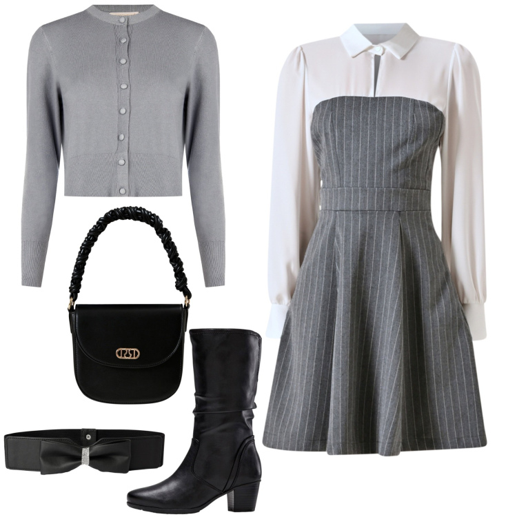 Outfit donna - Tesi di laurea. Stile Bon Ton per Scuola/Università. Abbinamento con stivali, cinture, cardigans, vestiti corti, borse a mano.