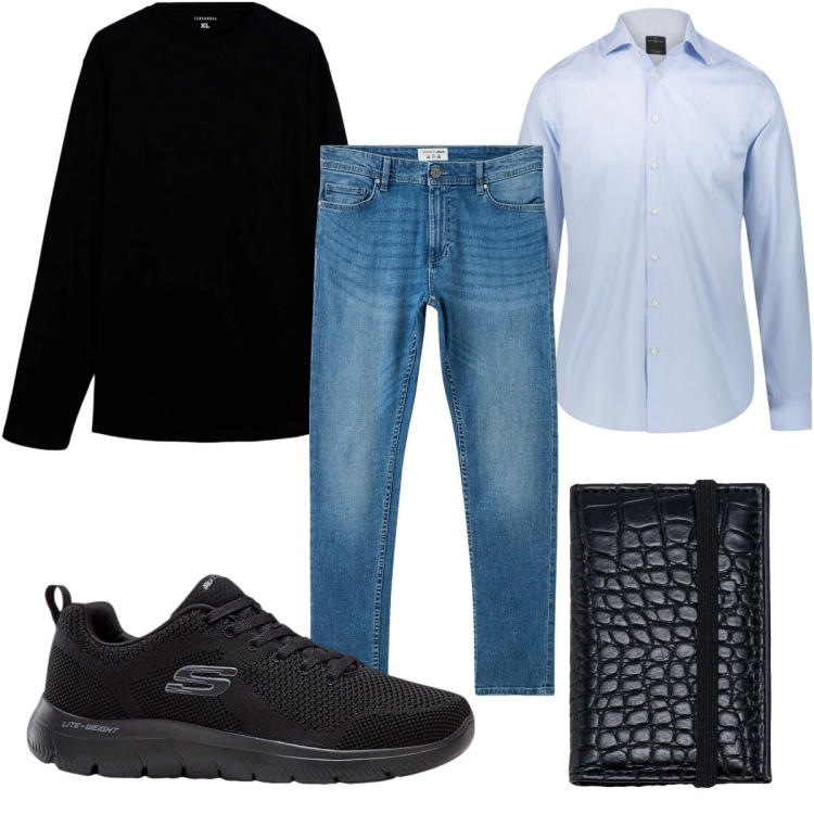 Outfit uomo - Total look #2275429. Stile Trendy per Tutti i giorni. Abbinamento con sneakers, jeans skinny, t-shirt, camicie, portafogli.