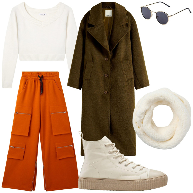 Outfit donna - Personalità e comfort. Stile Urban per Tutti i giorni. Abbinamento con occhiali da sole, sneakers alte, cappotti, sciarpe, maglieria, pantaloni.