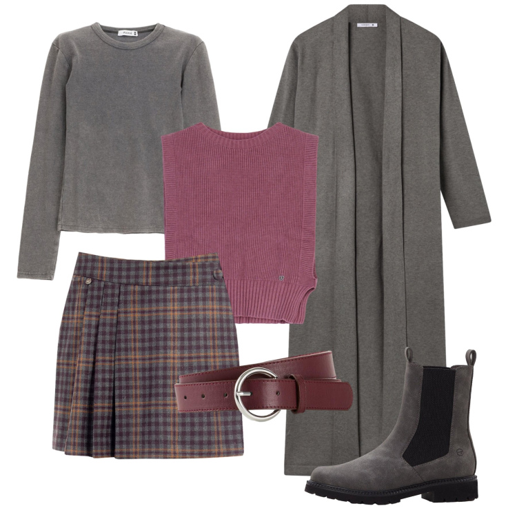 Outfit donna - A strati in autunno. Stile Trendy per Tutti i giorni. Abbinamento con stivaletti chelsea, cinture, cardigans, minigonne, maglieria, maglieria.